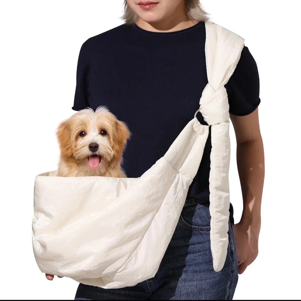 FUKUMARU Dog Carrier Sling Small Pet Travel Bag Cream Adjustable 15lb Capacity